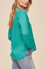 Bella Dahl Linen Pocket Button Down in Aqua Green