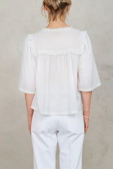 M.A.B.E. Brea Frill Embroidered Top in Ivory