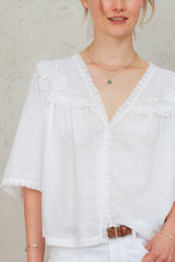 M.A.B.E. Brea Frill Embroidered Top in Ivory