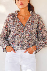 M.A.B.E. Cass Long Sleeve top in Indigo/Rust - Viva Diva Boutique