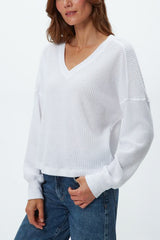 Michael Stars Salma Long Sleeve V-Neck in White - Viva Diva Boutique