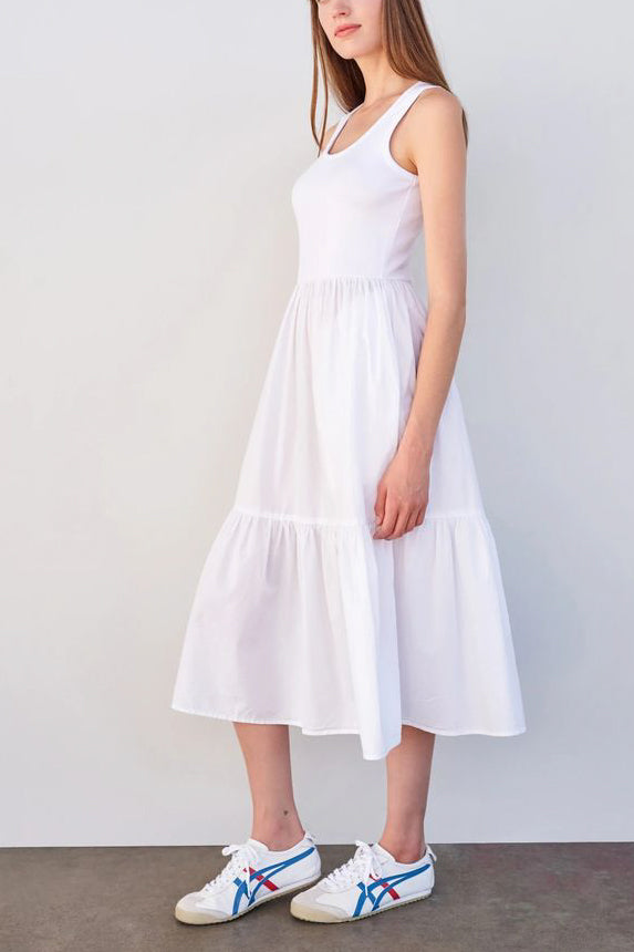 Sundry Mixed Media Tiered Dress in White - Viva Diva Boutique