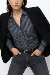 The Shirt Long Sleeve Zaria Shirt in Charcoal/Taupe Stripe - Viva Diva Boutique