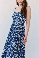 Bella Dahl Elastic Waist Midi Dress in Indigo Bloom Print
