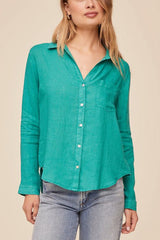 Bella Dahl Linen Pocket Button Down in Aqua Green