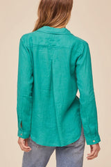 Bella Dahl Linen Pocket Button Down in Aqua Green