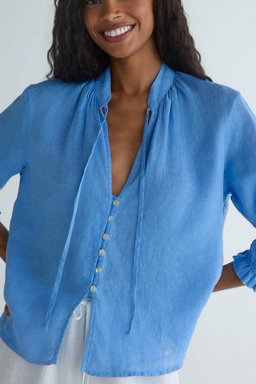 Bella Dahl Tie Neck Blouse in Riviera Blue