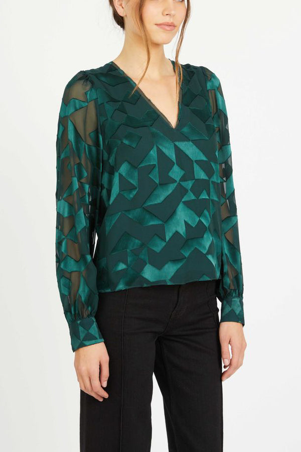 Caballero Ruby Top in Sea Moss Silk Geo Burnout - Viva Diva Boutique