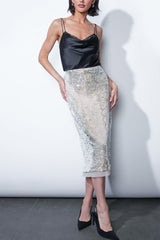 Greylin Gianna Velvet Sequin Midi Skirt in Cream