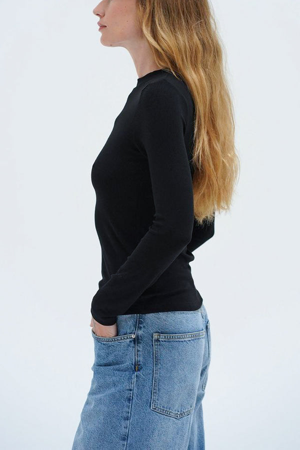 LNA Dalston Ribbed Long Sleeve Top in Black - Viva Diva Boutique