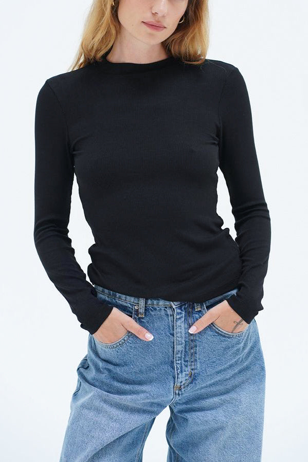 LNA Dalston Ribbed Long Sleeve Top in Black - Viva Diva Boutique