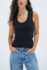 LNA Double Layer Ribbed Scoop Tank in Black - Viva Diva Boutique