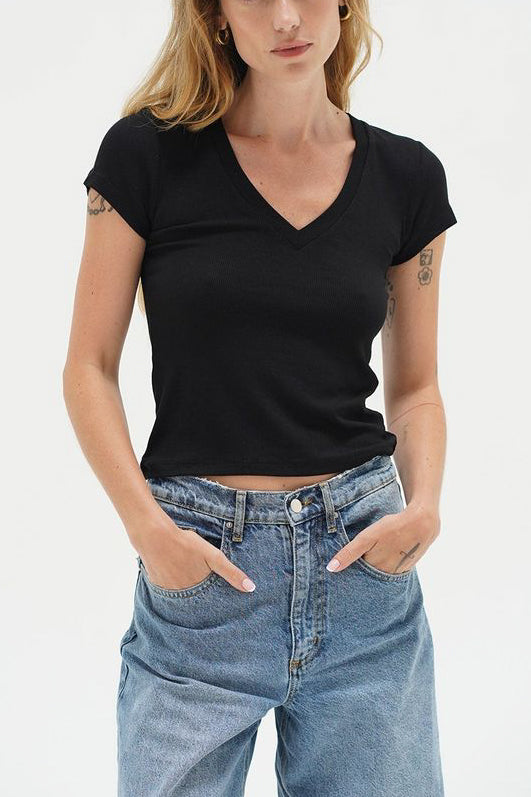 LNA Fitted Ribbed V Neck in Black - Viva Diva Boutique