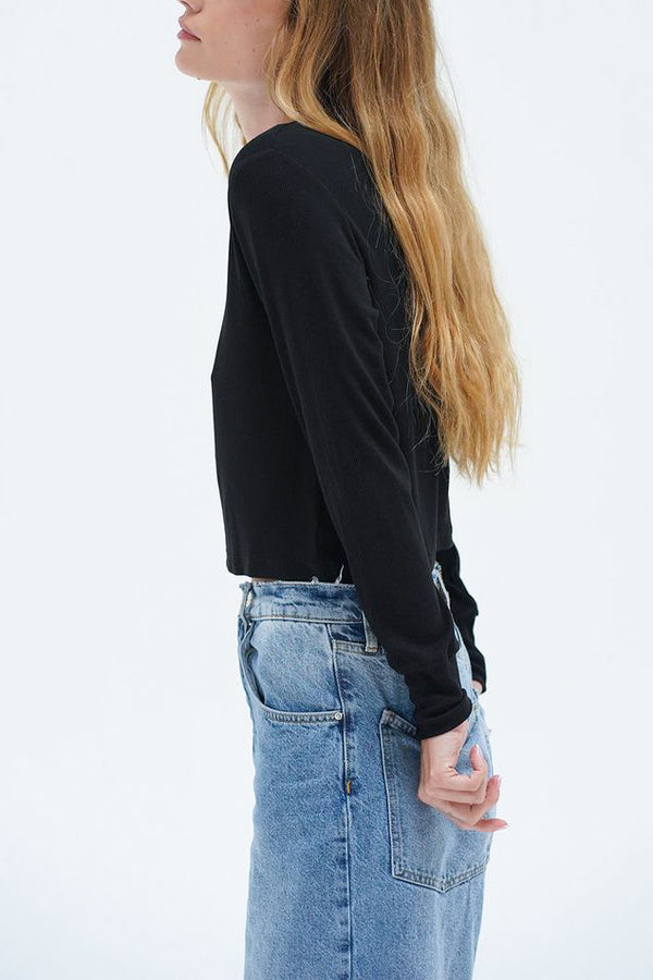 LNA Long Sleeve Ribbed Crew in Black - Viva Diva Boutique