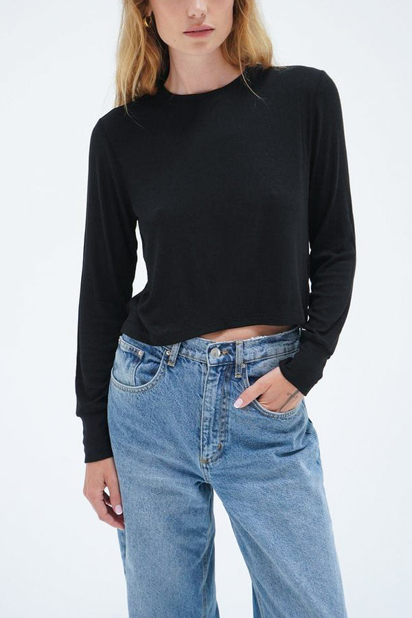 LNA Long Sleeve Ribbed Crew in Black - Viva Diva Boutique
