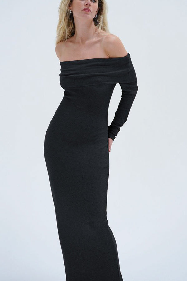 LNA Rory Fold Over Dress in Black