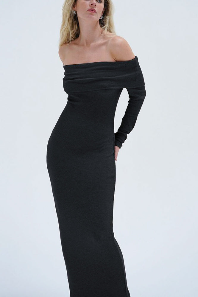 LNA Rory Fold Over Dress in Black