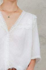 M.A.B.E. Brea Frill Embroidered Top in Ivory