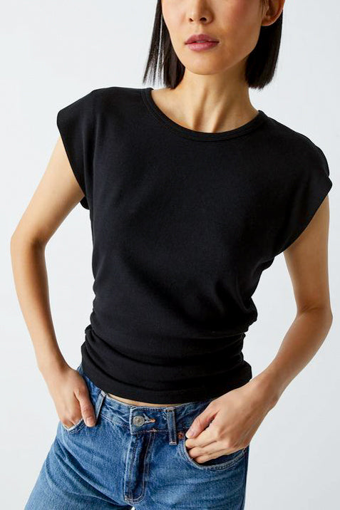 Michael Stars Joni Crew Neck Power Shoulder Top in Black - Viva Diva Boutique