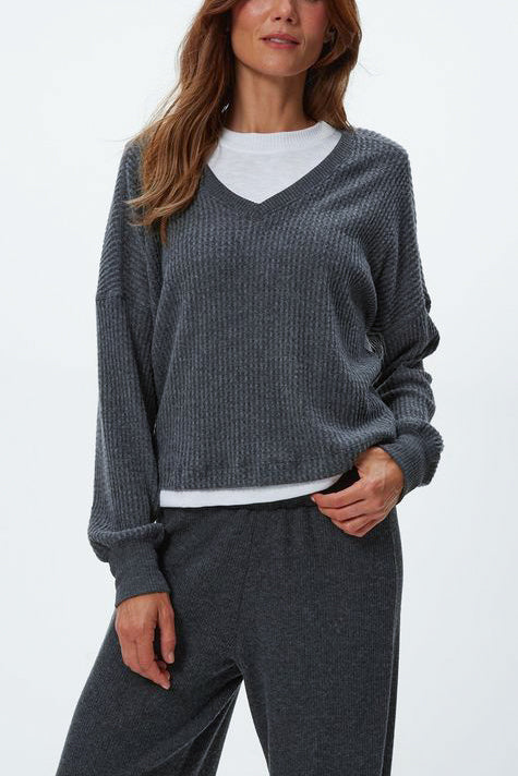 Michael Stars Salma Long sleeve Vneck in Charcoal - Viva Diva Boutique