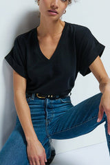 Nation Stevie Cuffed V Neck in Black - Viva Diva Boutique