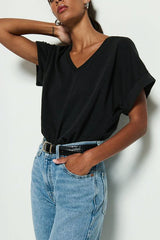 Nation Stevie Cuffed V Neck in Black - Viva Diva Boutique