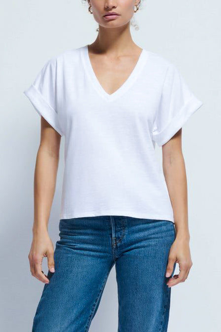 Nation Stevie Cuffed V Neck in White - Viva Diva Boutique