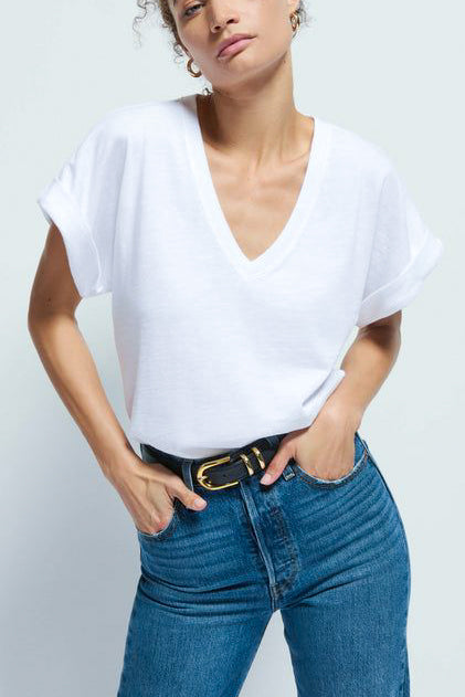 Nation Stevie Cuffed V Neck in White - Viva Diva Boutique