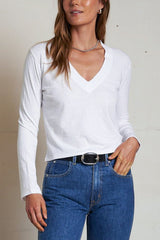 Perfect White Tee Fiona L/S V Neck in White - Viva Diva Boutique