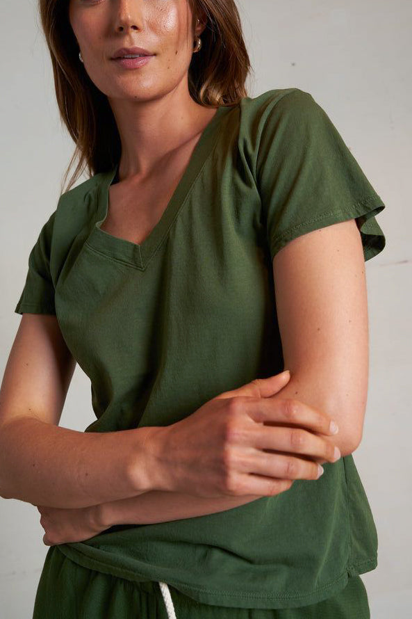 Perfect White Tee Hendrix Cotton Boxy V Neck in Fern Green - Viva Diva Boutique
