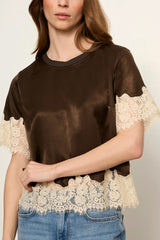 Sanctuary One Of A Kind Satin Lace Top in Espresso Martini