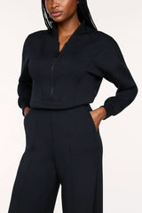 Spanx Long Sleeve Shawl Collar Half Zip Jumpsuit in Black