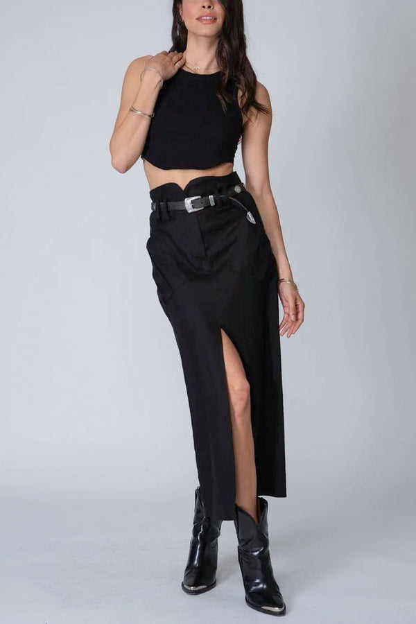 Stillwater Stretch Linen Cargo Knotch Waist Maxi Skirt in Black - Viva Diva Boutique