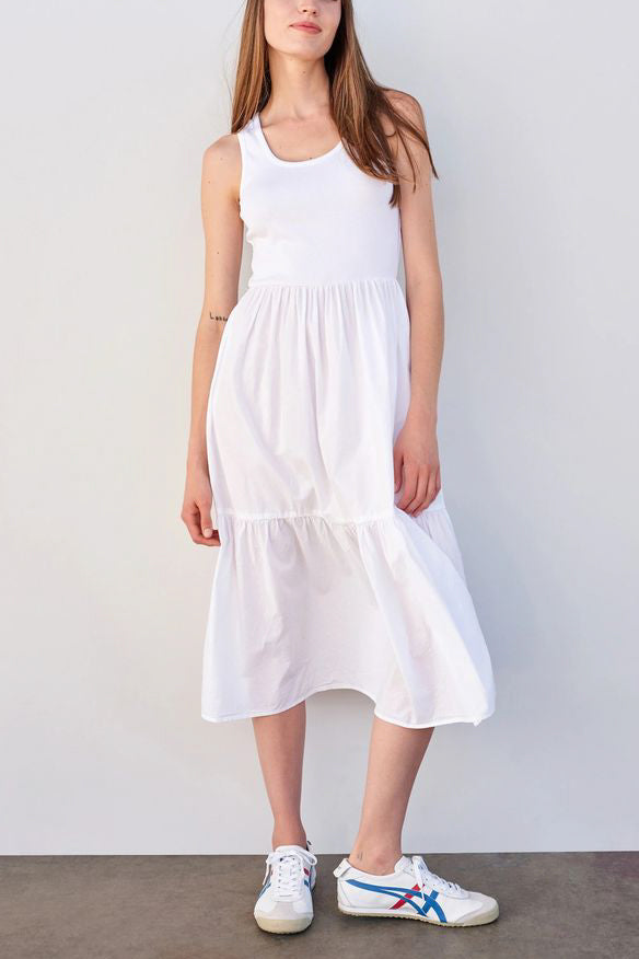 Sundry Mixed Media Tiered Dress in White - Viva Diva Boutique