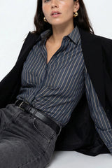 The Shirt Long Sleeve Zaria Shirt in Charcoal/Taupe Stripe - Viva Diva Boutique