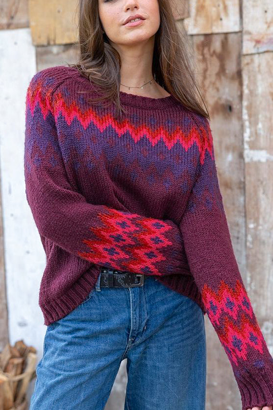 Wooden Ships Jaxon Fair Isle Raglan in Velvety Plum Multi - Viva Diva Boutique