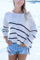 Wooden Ships Key West Striped Chunky Crew in Almond Butter/Black - Viva Diva Boutique